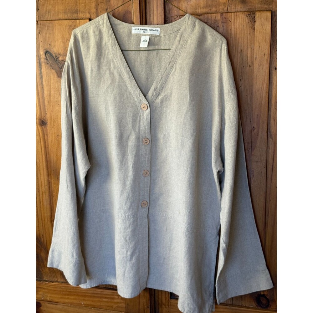 Josephine Chaus Sport Long Sleeve 100% Linen Button Front Top Size L